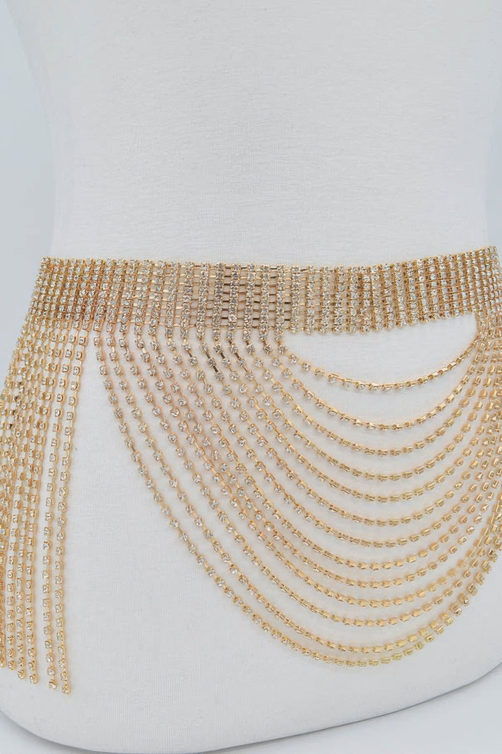 Gold rhinestone belt with layered drape strands and curved chain drops