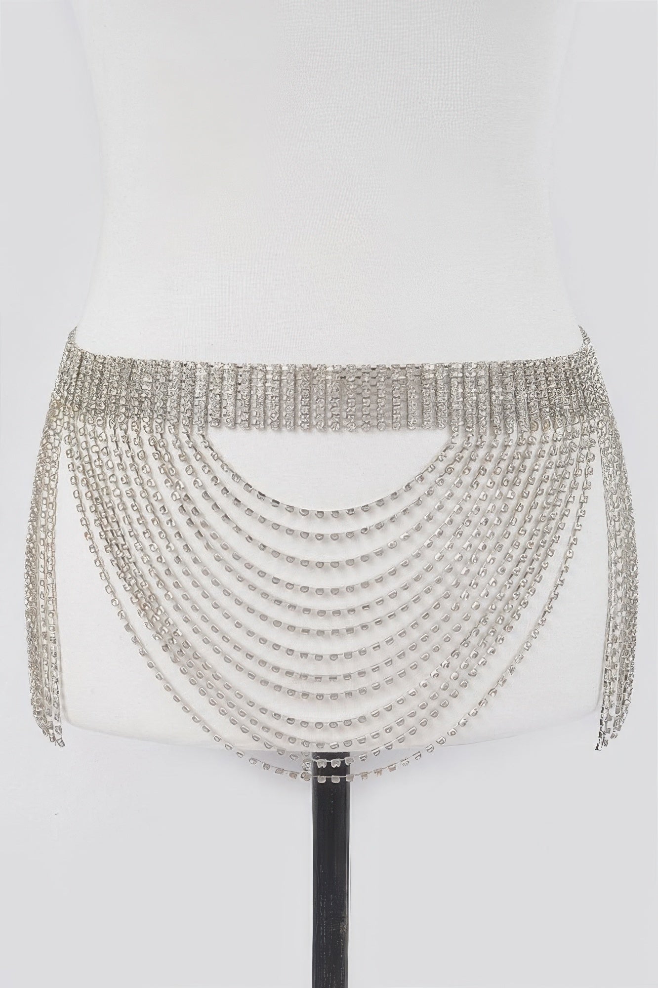 Silver rhinestone multi-layer drop belt with wide waistband and curved fringe