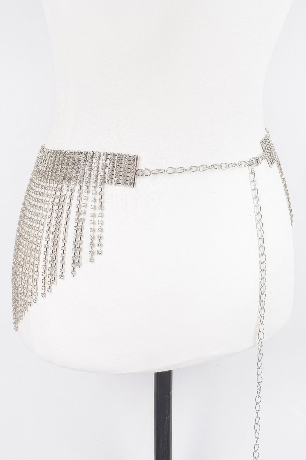 Silver rhinestone drop belt with clasp chain detail at the back