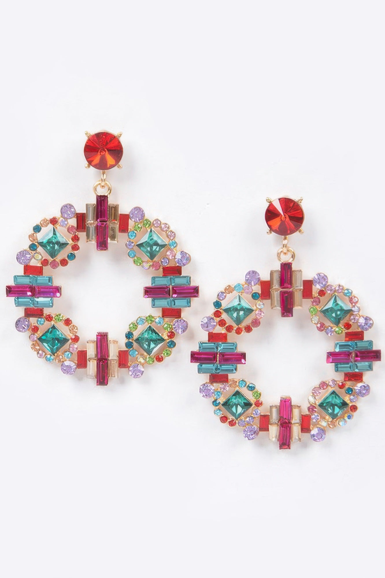 Multicolor round rhinestone earrings, circular teal and purple shapes with red stud
