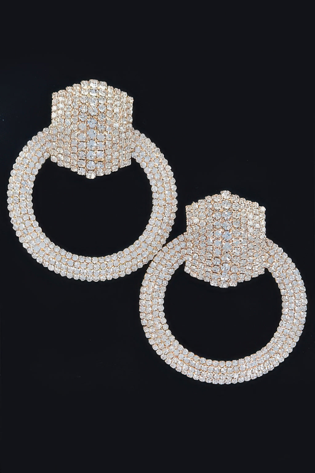 Rhinestone round drop earrings in gold tone, hoop-like sparkle rows