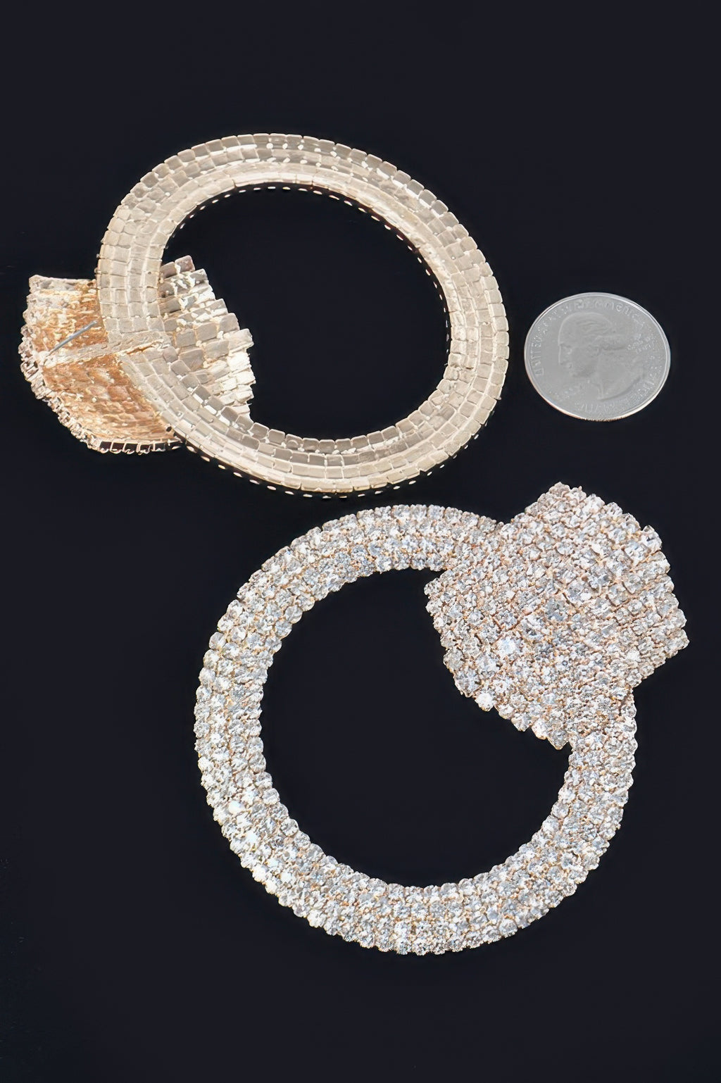 Rhinestone round drop earrings in silver tone, curved hoop with dangling center
