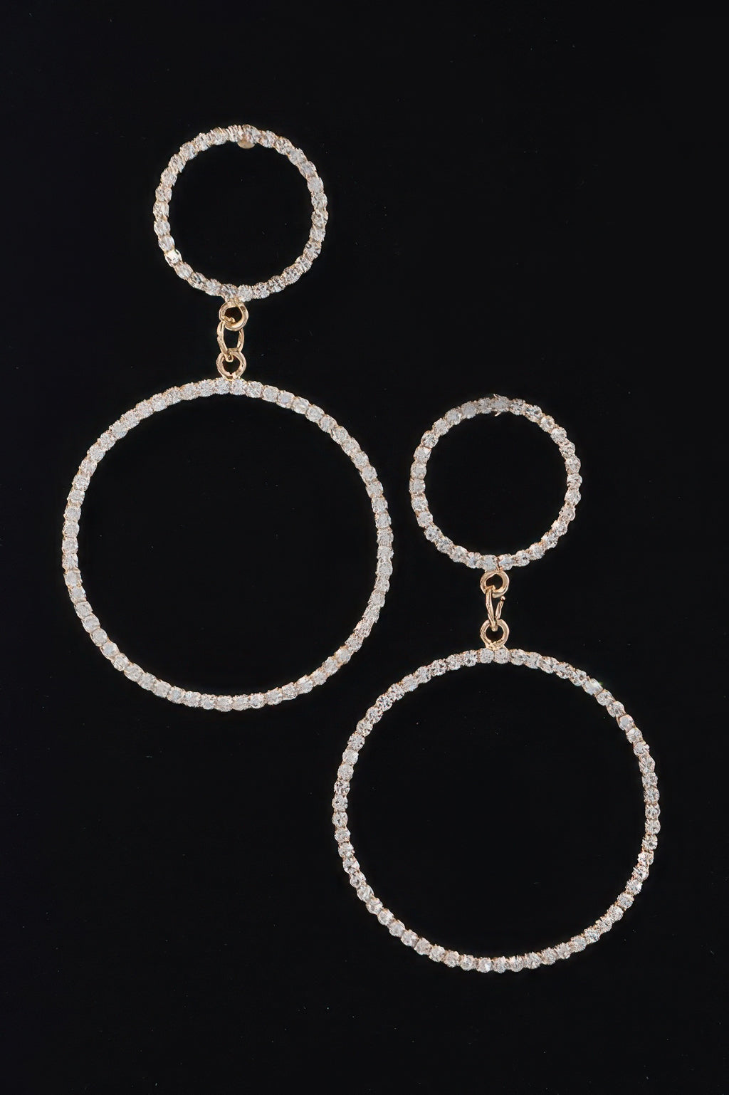 Two circle rhinestone drop earrings with linked small and large rings