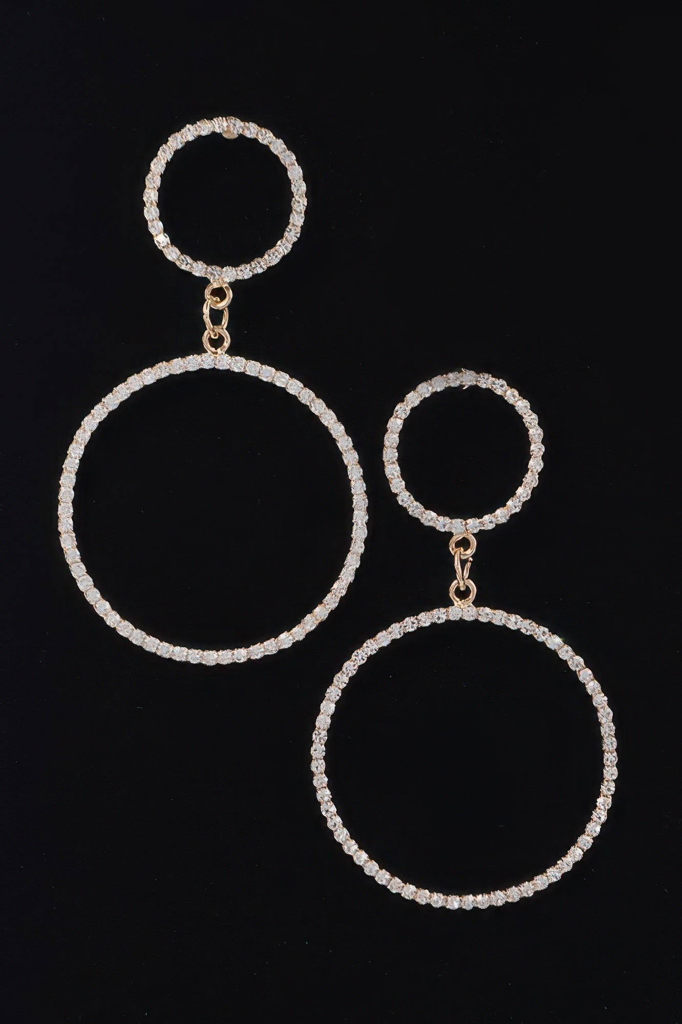 Two circle rhinestone drop earrings with linked small and large rings