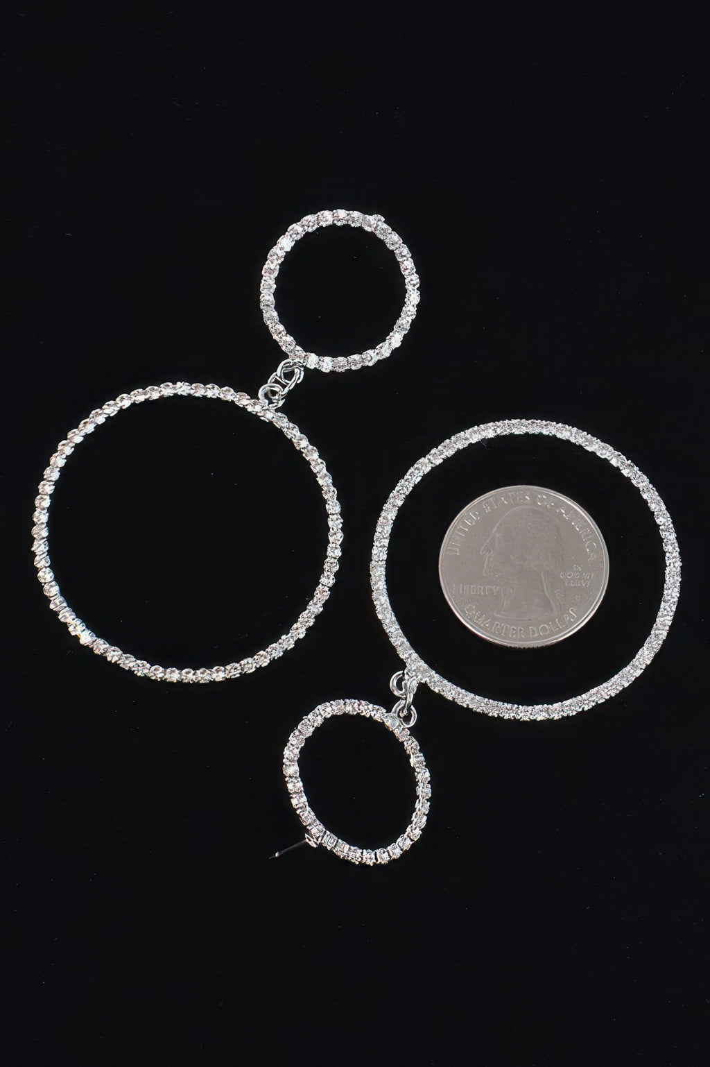 Circle rhinestone earrings featuring three linked rings in different sizes