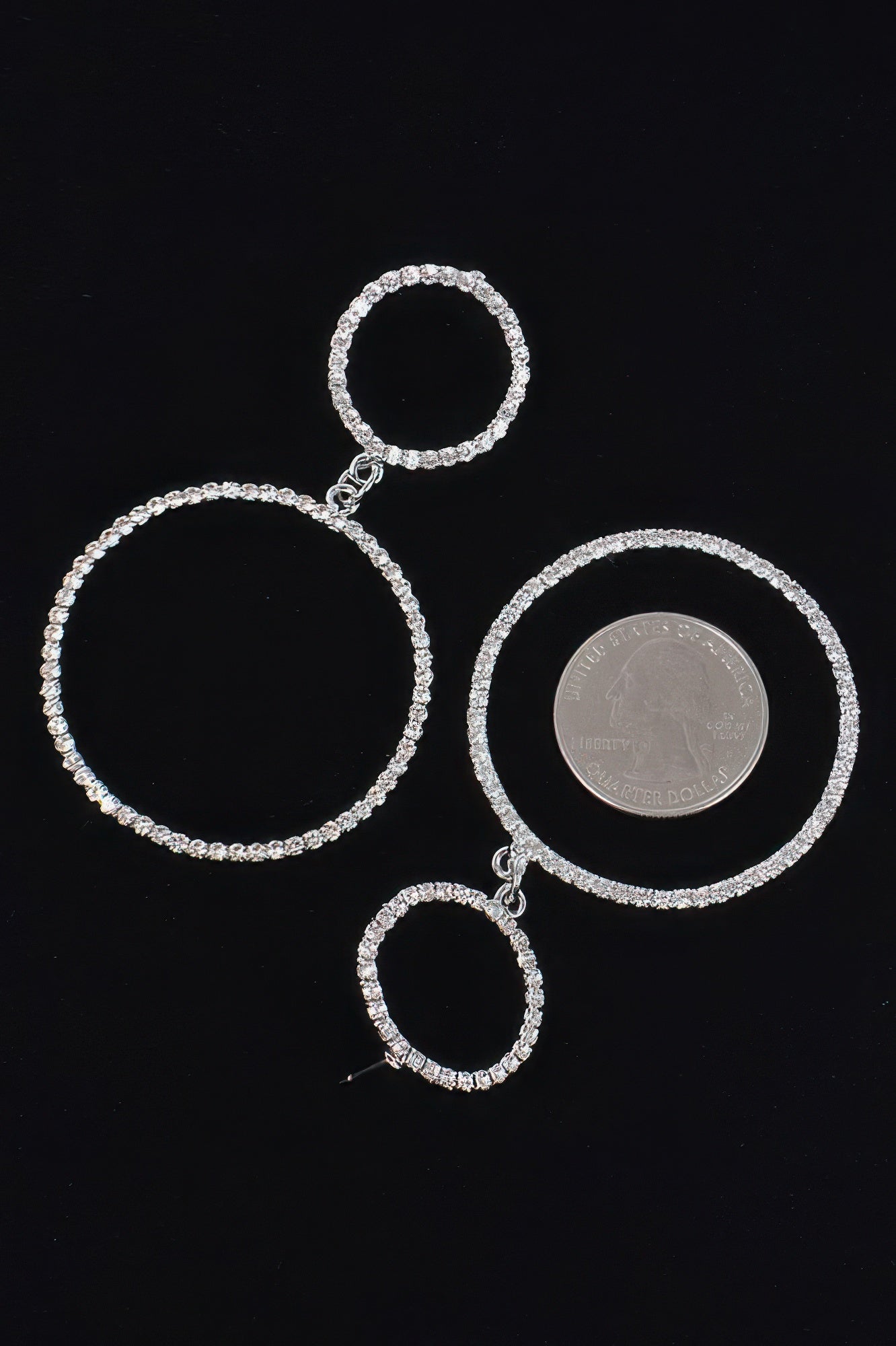 Circle rhinestone earrings featuring three linked rings in different sizes