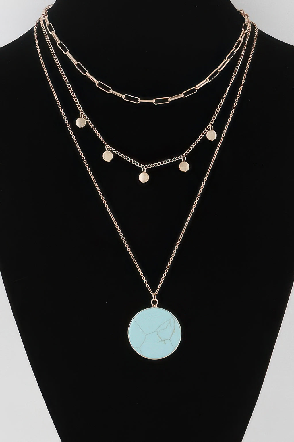 Multi stone pendant chain necklace in gold with round turquoise disc pendant