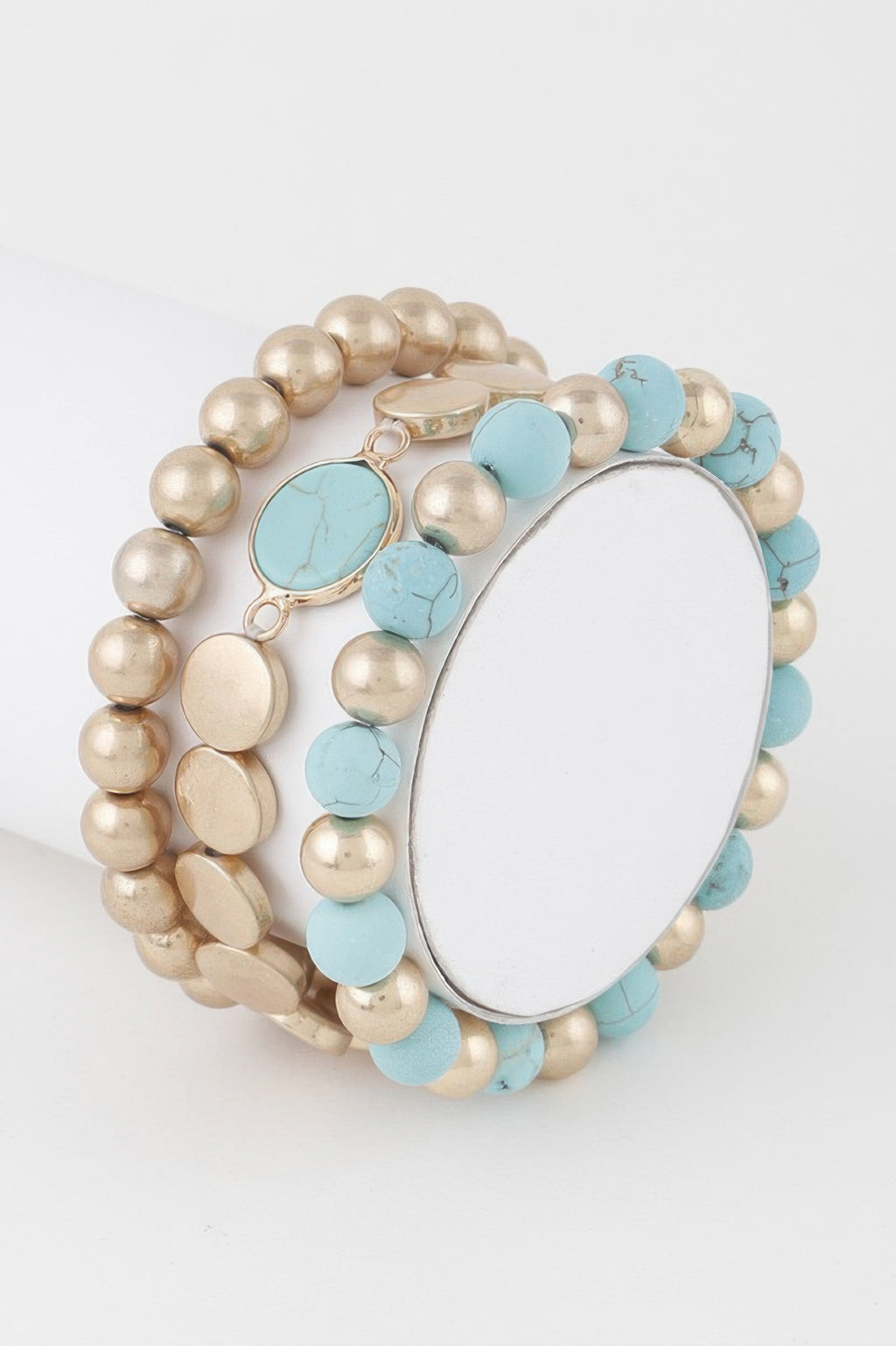 Multi Stone Beaded Bracelet: gold bead strands with light turquoise heart charm