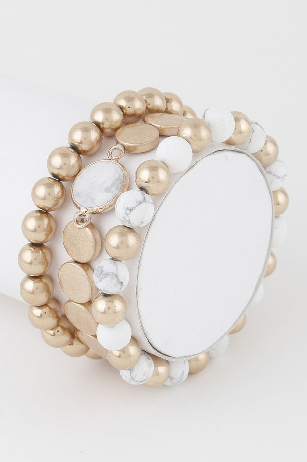 Multi Stone Beaded Bracelet with gold beads and white marble-style stones, heart charm