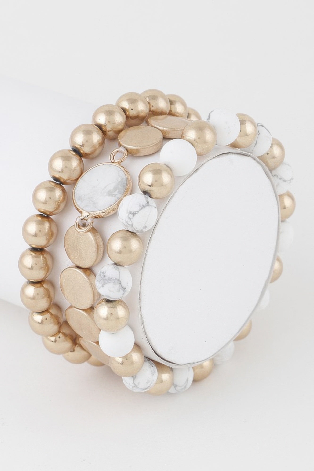 Multi Stone Beaded Bracelet with gold beads and white marble-style stones, heart charm