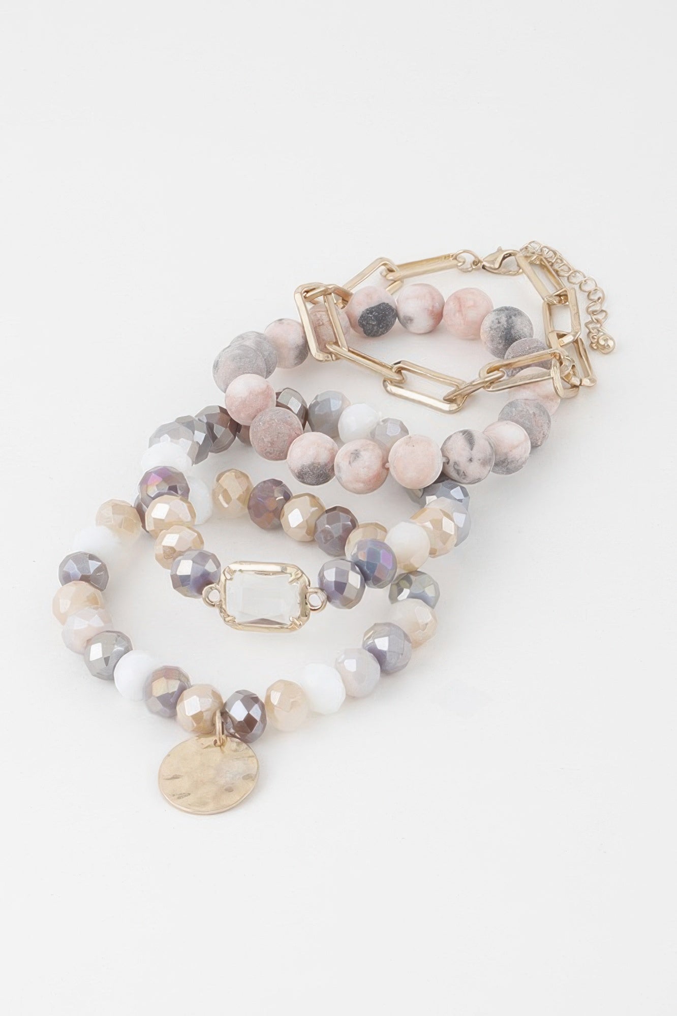 Pastel crystal beaded bracelet with gold clasp and round pendant coin charm