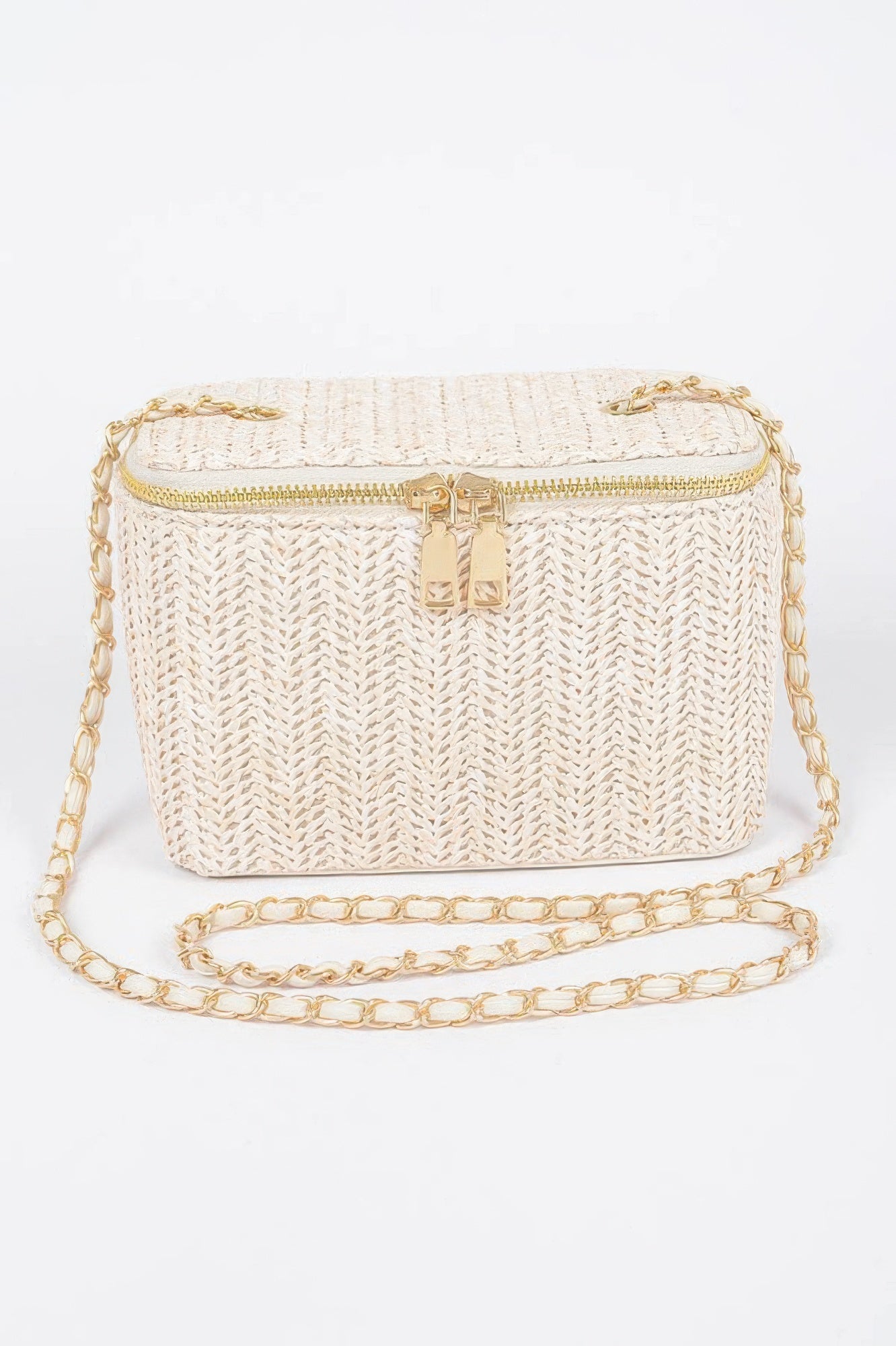 Natural faux straw cosmetic case bag with gold chain strap and zip top