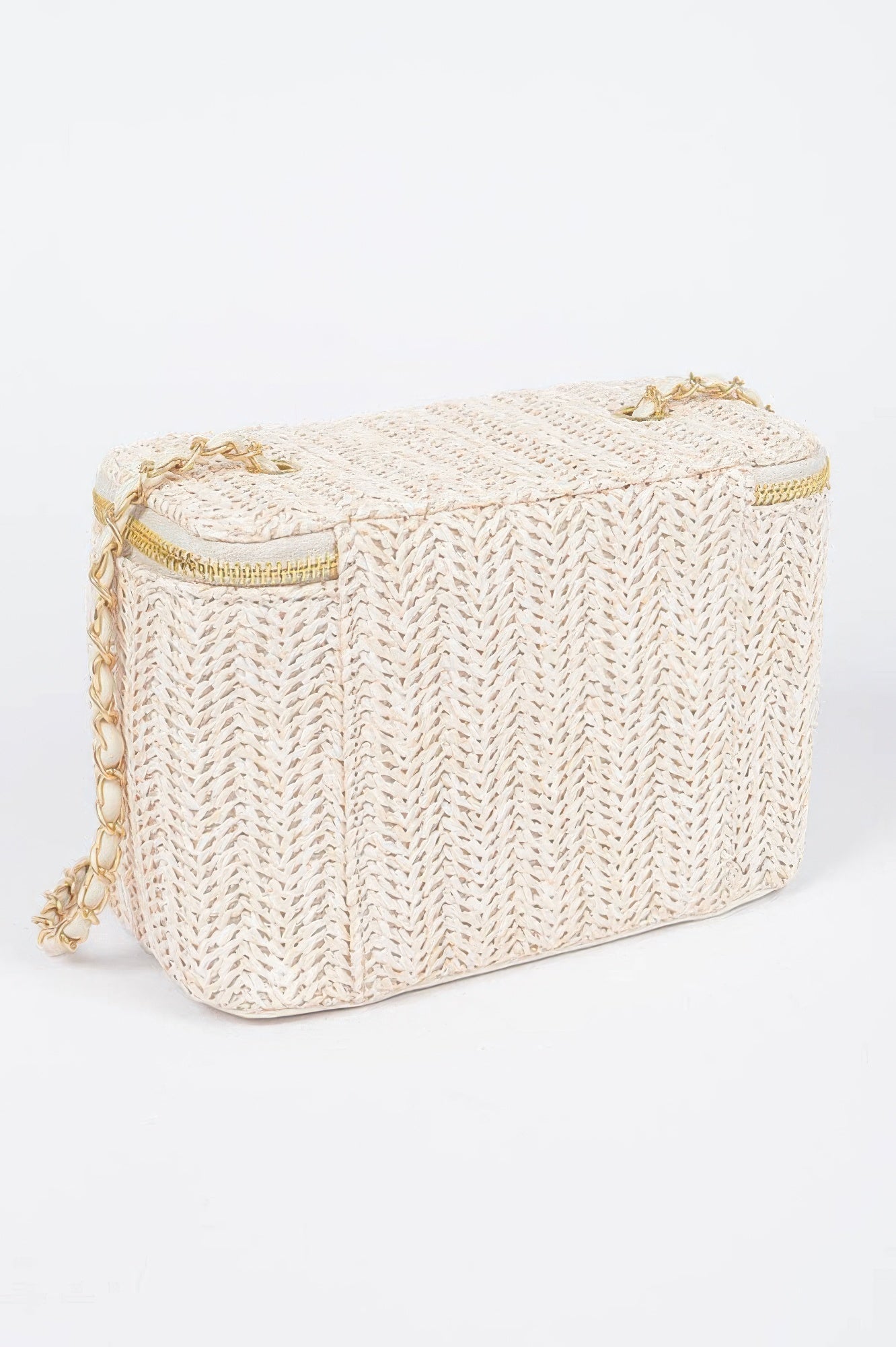 Natural faux straw cosmetic case with gold zipper pulls and short loop handles