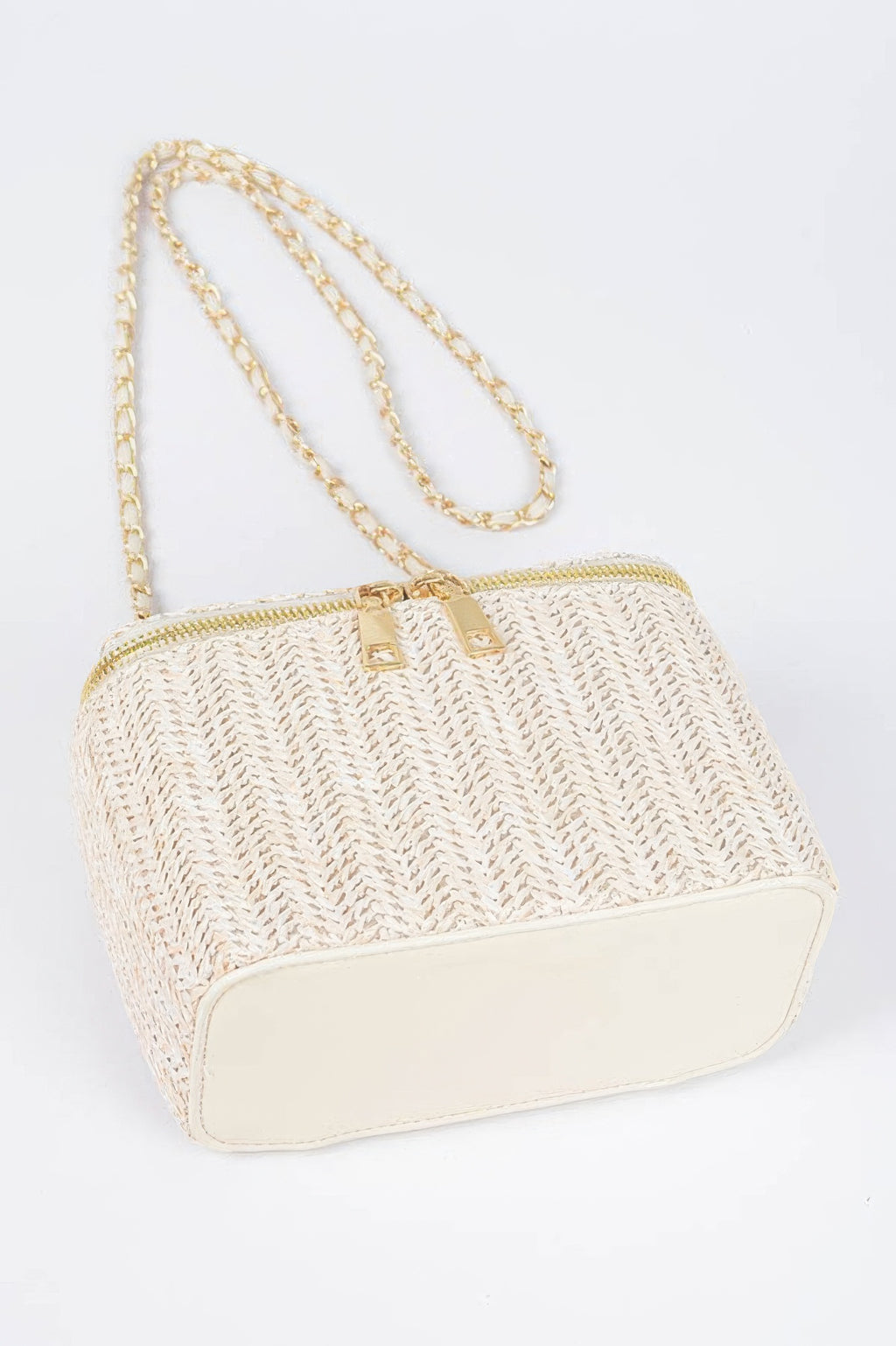 Natural faux straw cosmetic bag with front label detail and gold chain crossbody
