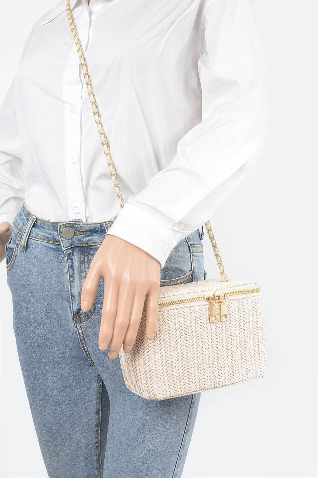Natural faux straw cosmetic case on crossbody with gold chain strap