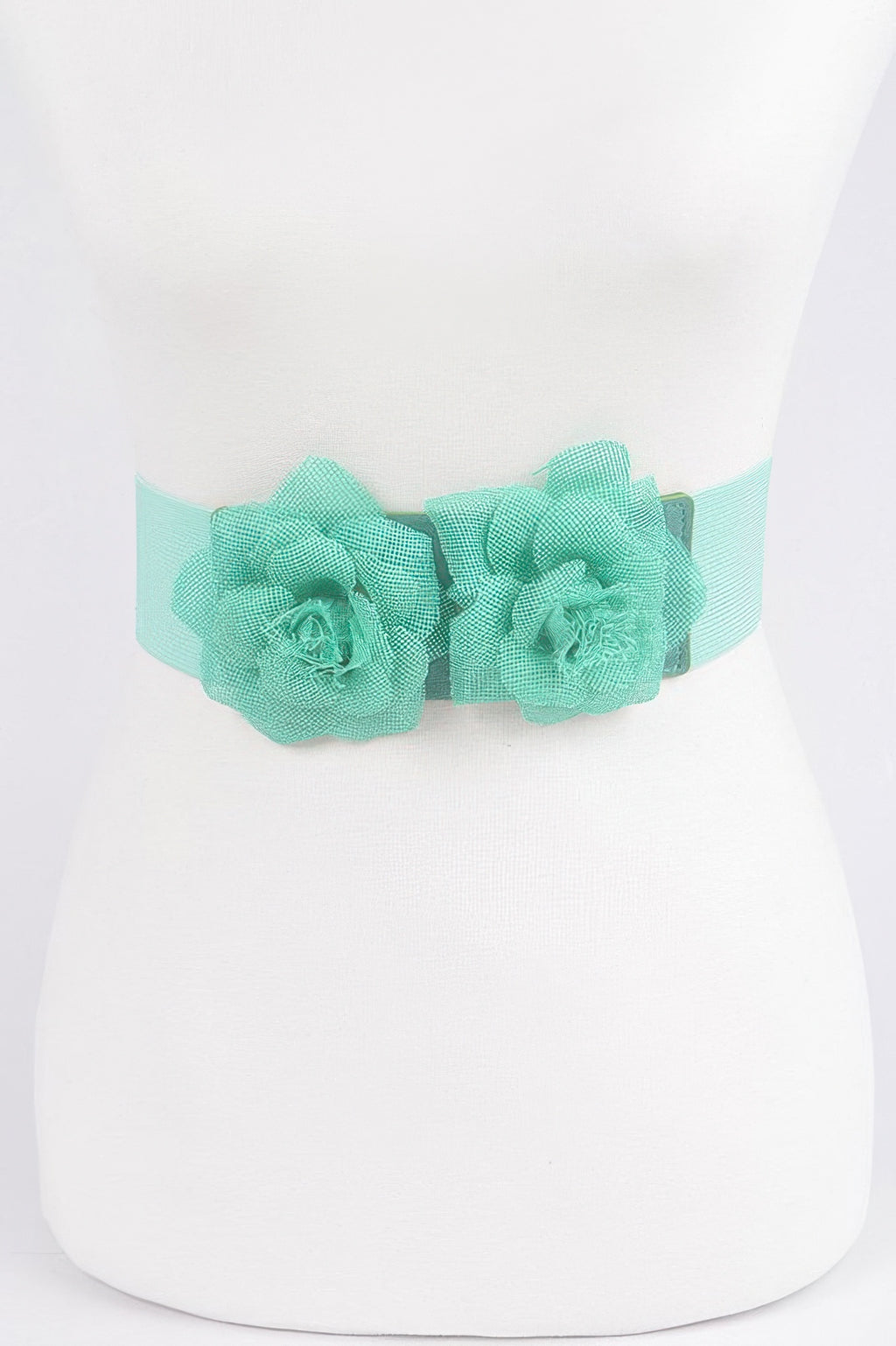 Mint flower elastic belt with two fabric rosette flowers on elastic band