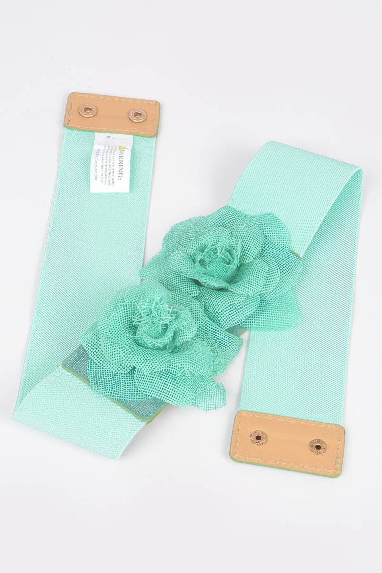 Mint flower elastic belt set—elastic band, flower rosettes, tan snap buckle