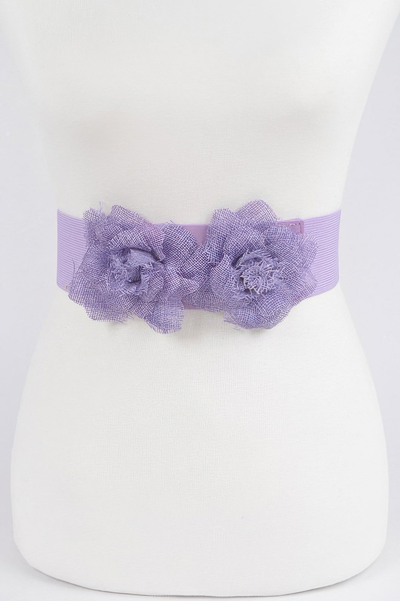 Purple flower elastic belt with two fabric rosette flowers on elastic band