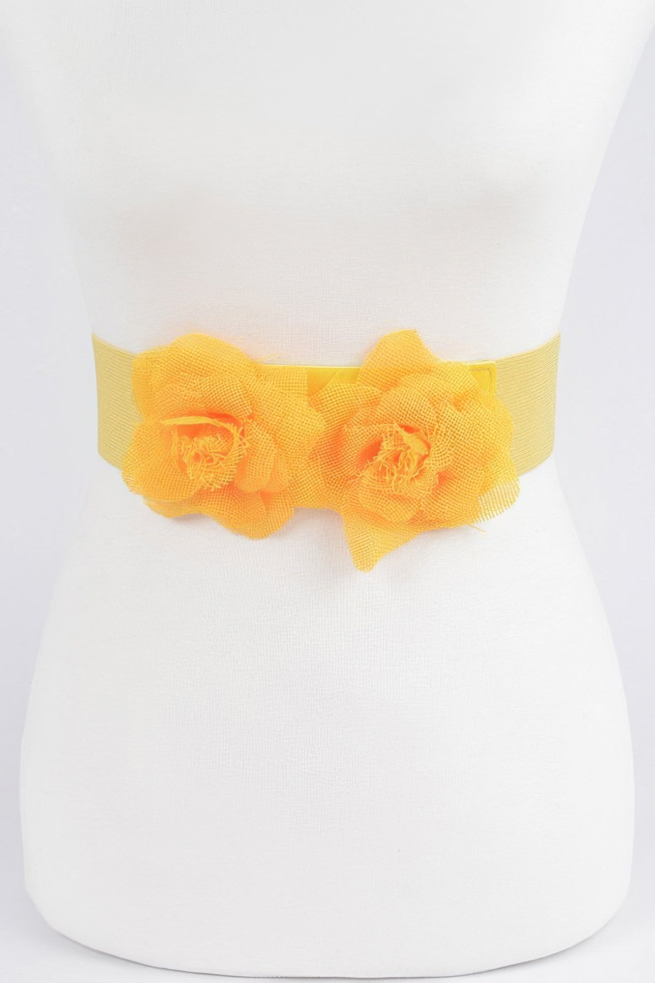 Yellow flower elastic belt with two fabric rosette flowers across elastic band