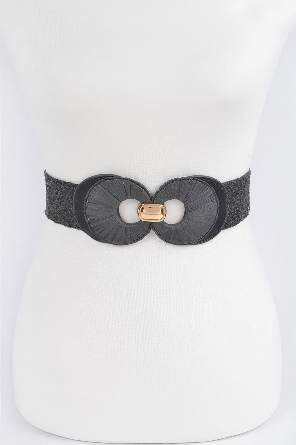 Faux straw belt, black elastic strap with double gold-tone buckle