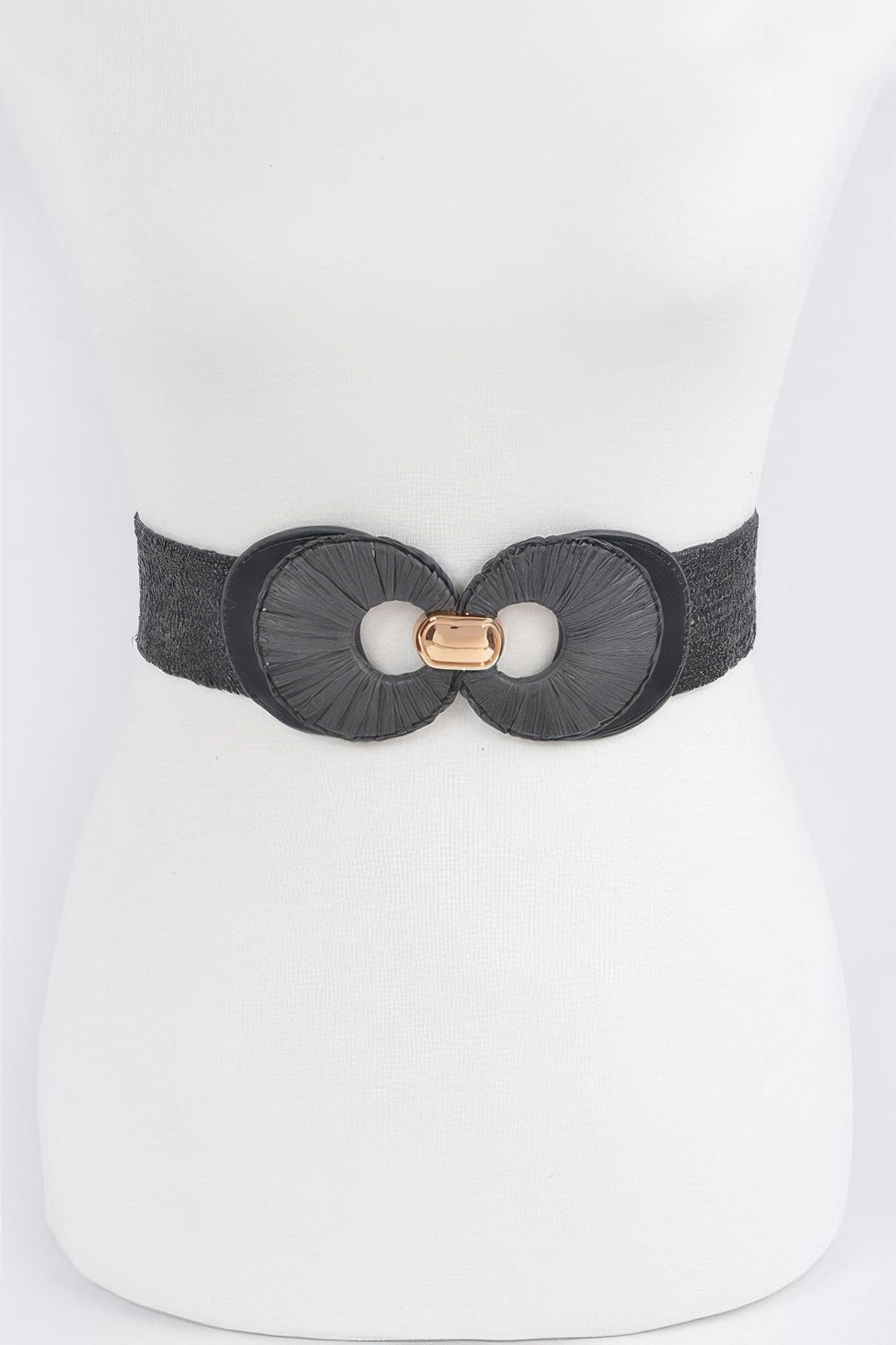 Faux straw belt, black elastic strap with double gold-tone buckle