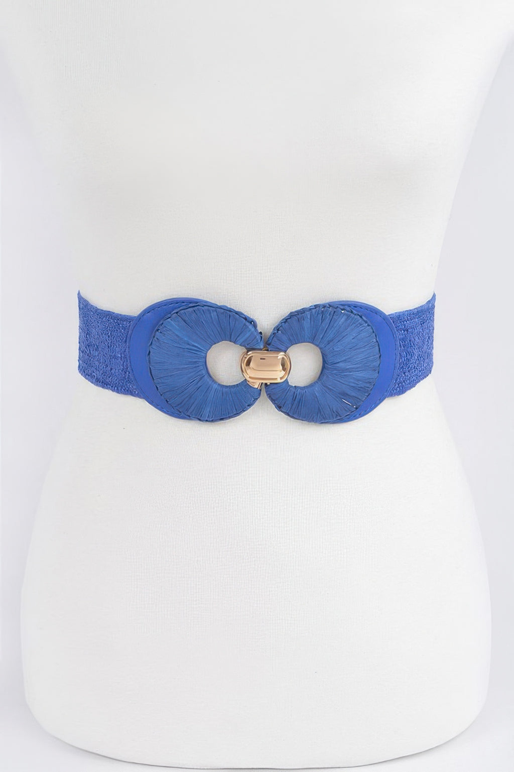 Faux straw belt, cobalt blue elastic strap with double circular buckle detail