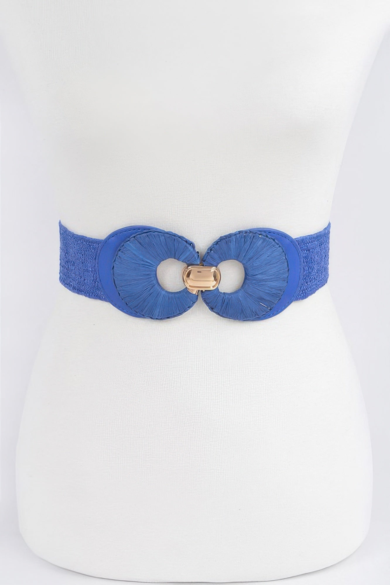 Faux straw belt, cobalt blue elastic strap with double circular buckle detail