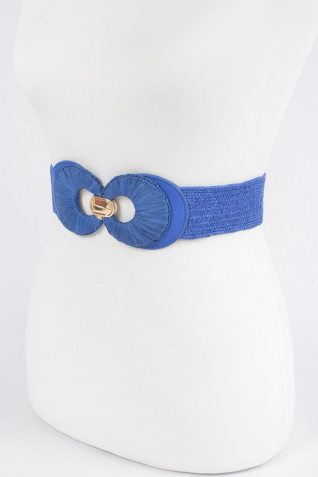 Faux straw two-buckle belt, blue elastic band with round faux-straw buckles