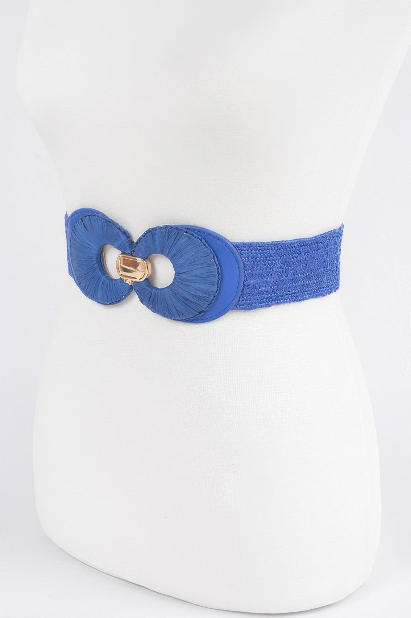 Faux straw two-buckle belt, blue elastic band with round faux-straw buckles