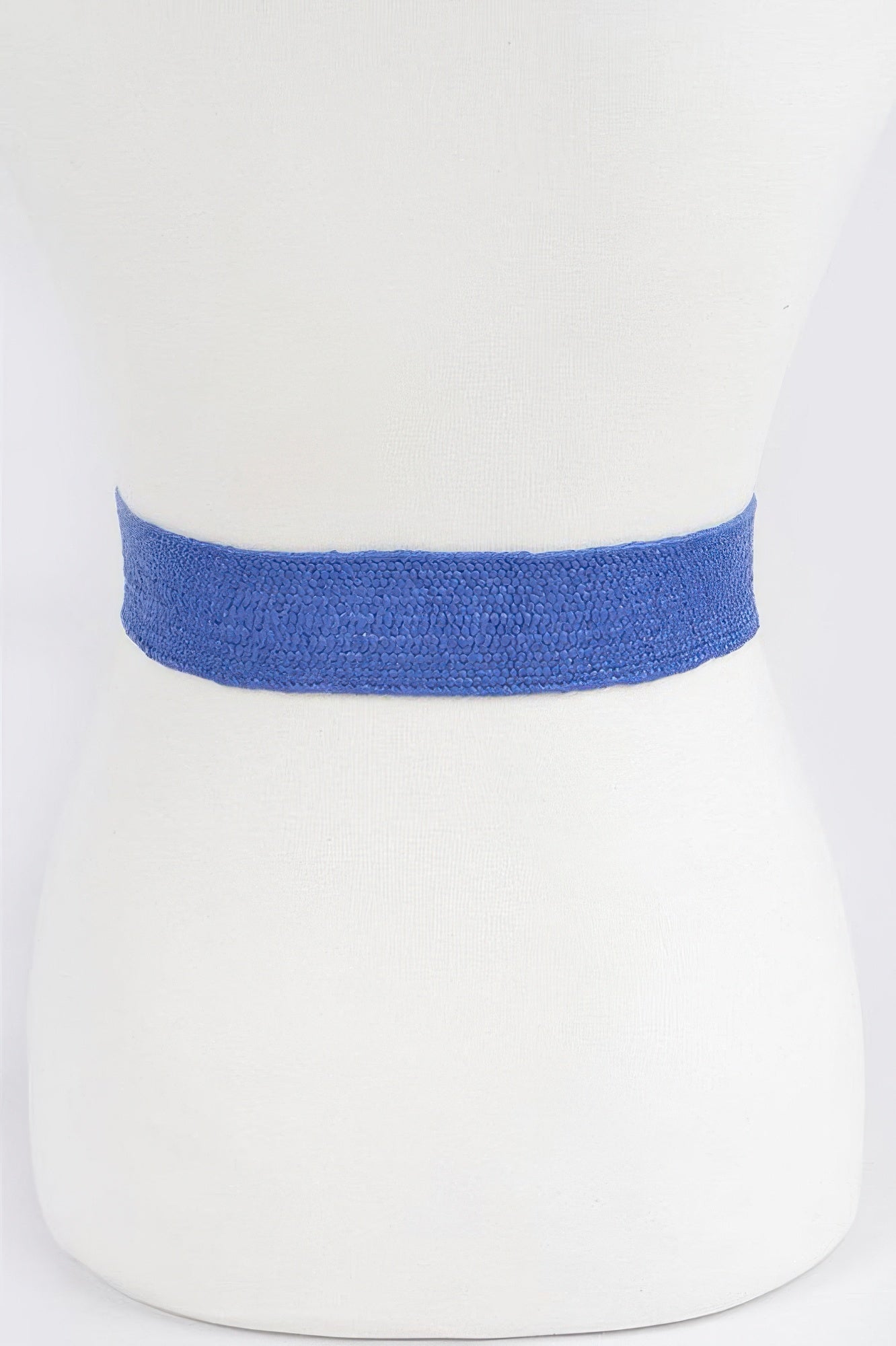 Faux straw belt, cobalt blue elastic band without buckle in view
