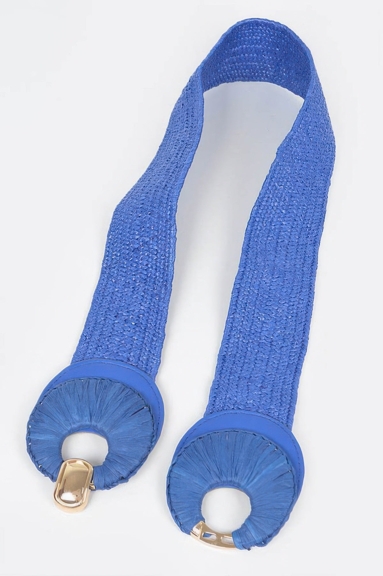 Faux straw belt ends, blue elastic straps with round buckle sections and gold tabs