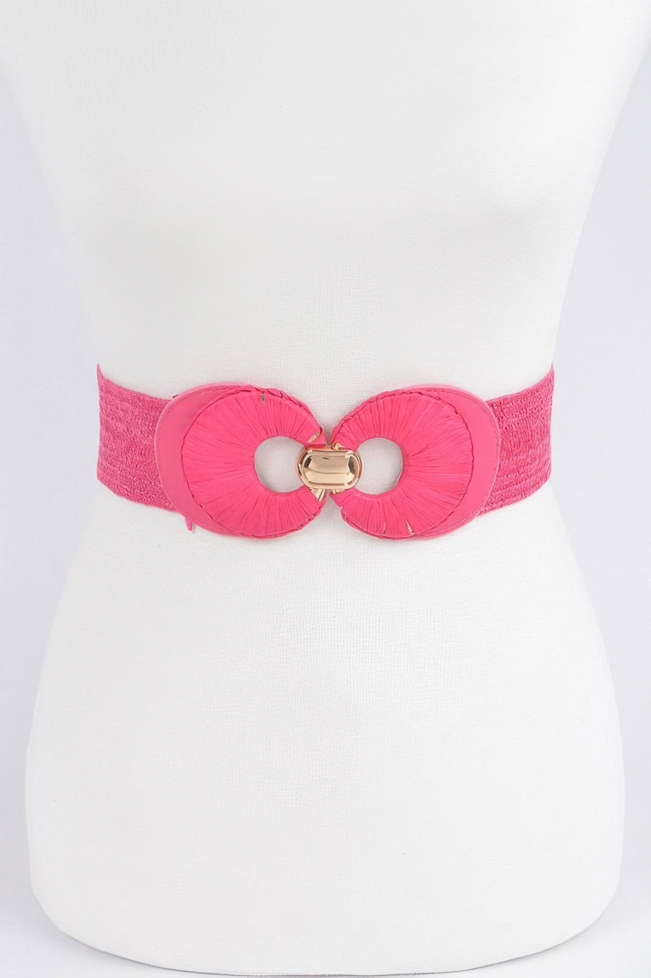 Faux straw belt, fuchsia elastic strap with two circular buckle accents