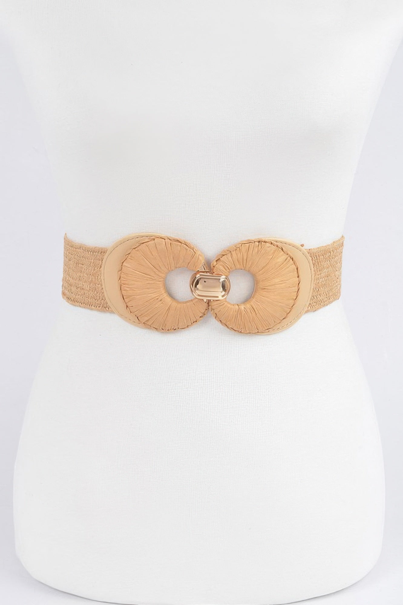 Faux straw belt, khaki beige elastic strap with double circular buckle detail