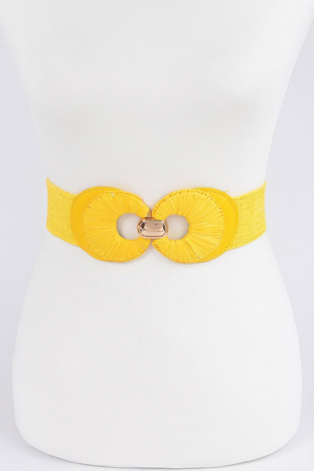 Faux straw belt, yellow elastic strap with two round faux-straw buckles