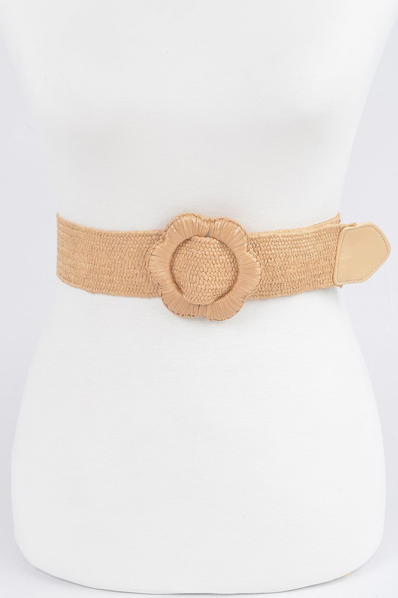Faux straw elastic belt in khaki beige with fabric flower centerpiece and tab buckle
