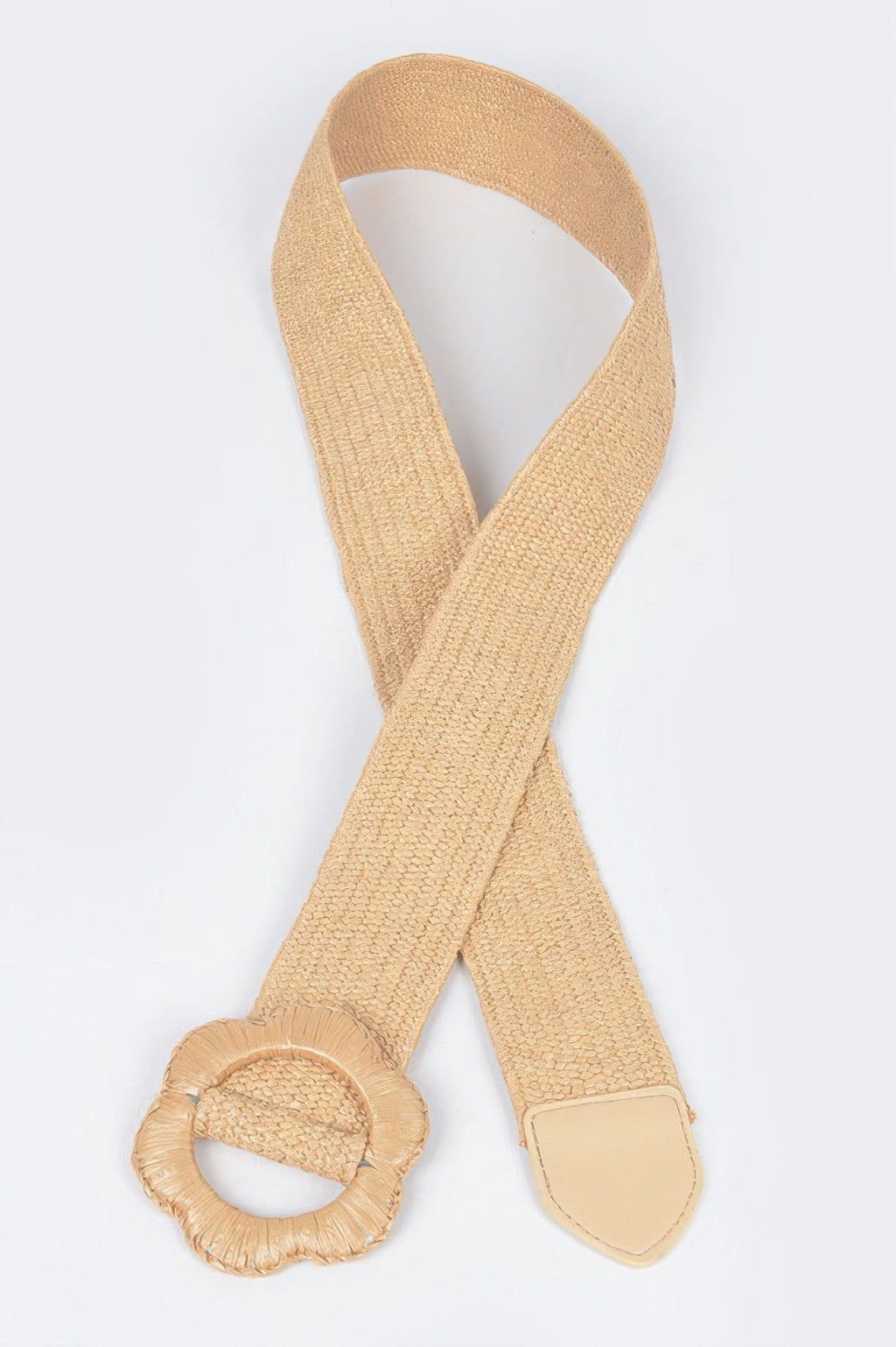 Faux straw elastic belt in khaki beige with fabric flower detail and leather end tab