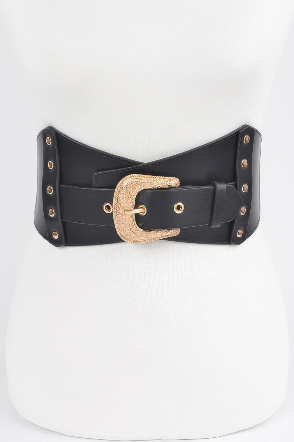 Multi metal elastic belt in black with gold-tone buckle and snap studs