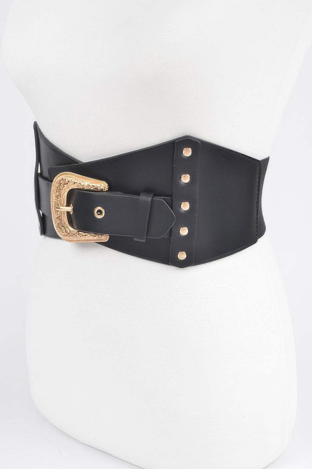 Black multi metal elastic belt with gold-tone buckle and grommet snap details