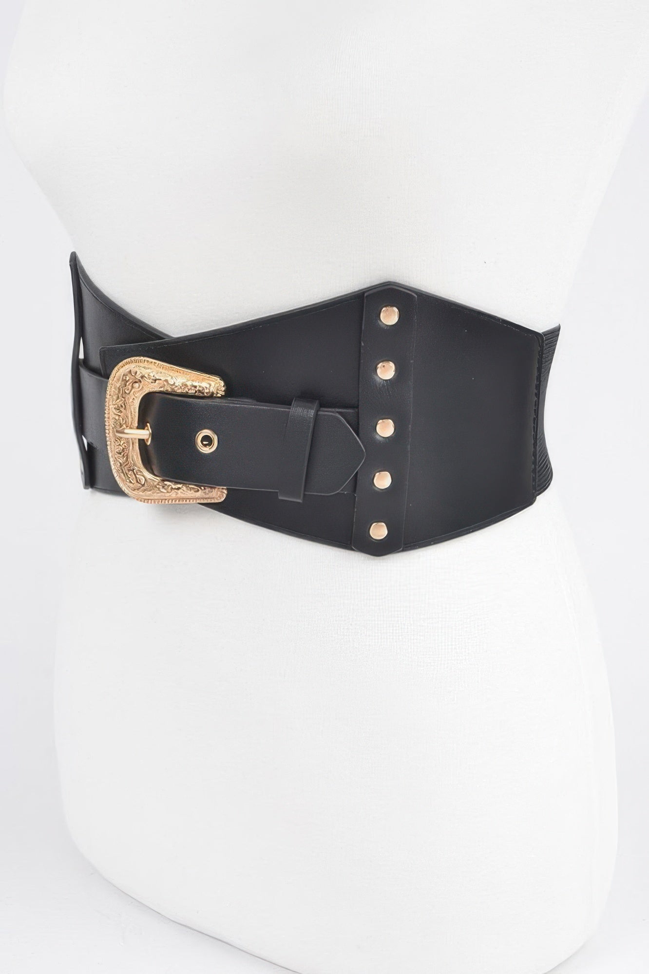 Black multi metal elastic belt with gold-tone buckle and grommet snap details