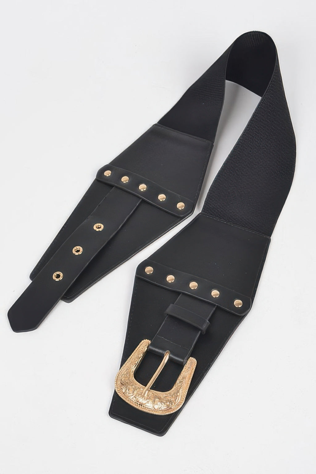 Black multi metal elastic belt with gold-tone studs and square belt buckle