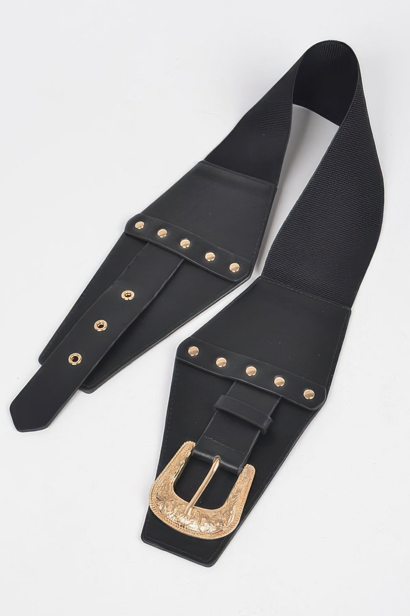 Black multi metal elastic belt with gold-tone studs and square belt buckle