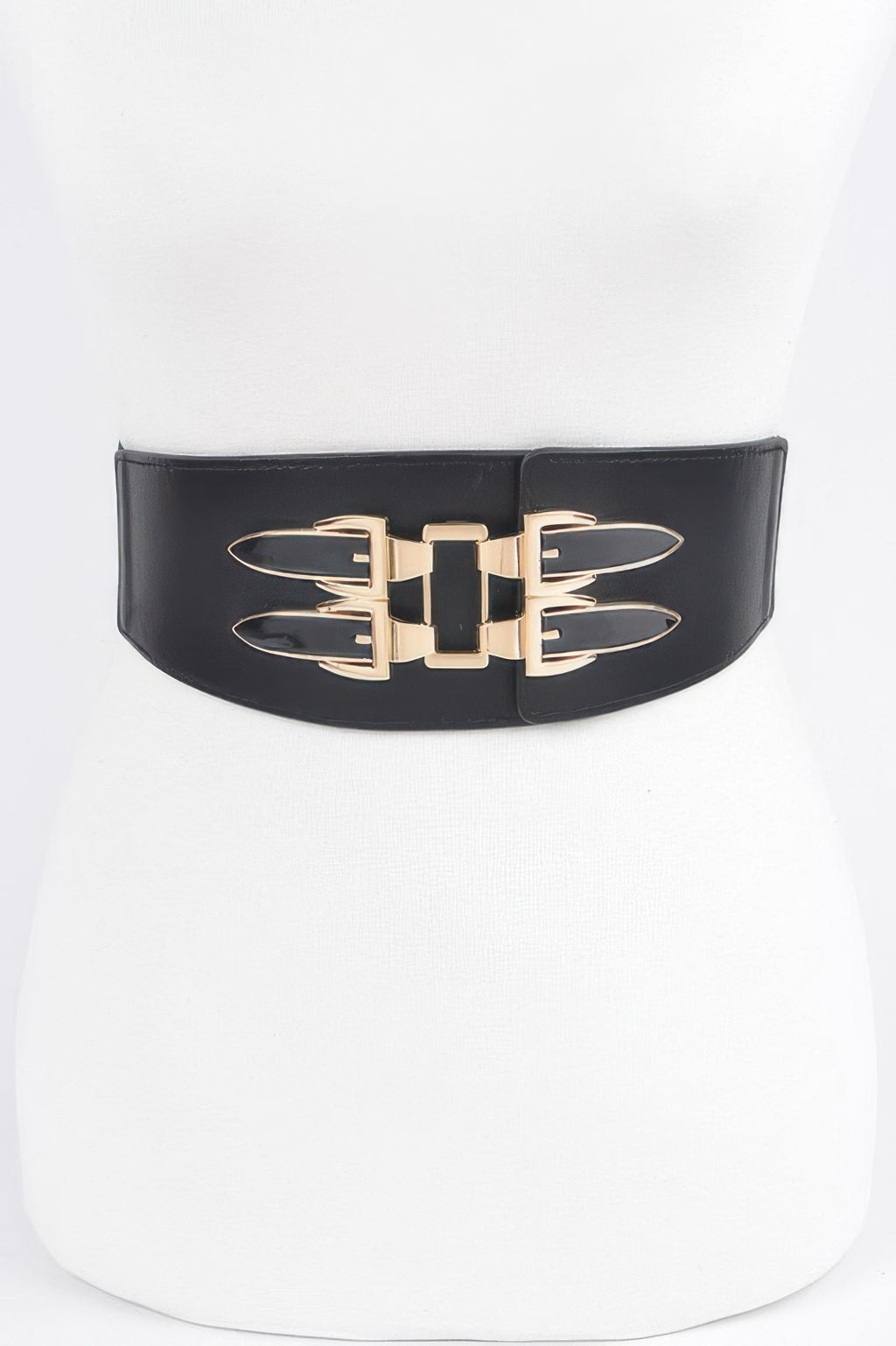 Metal Buckle Elastic Belt, black with gold geometric buckle on waistband