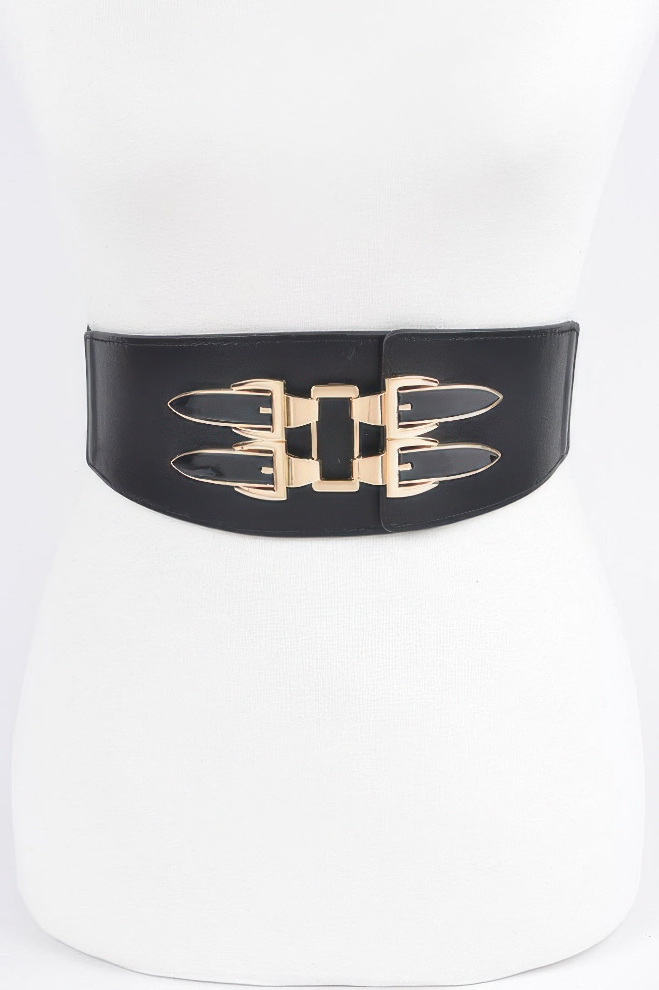 Metal Buckle Elastic Belt, black with gold geometric buckle on waistband