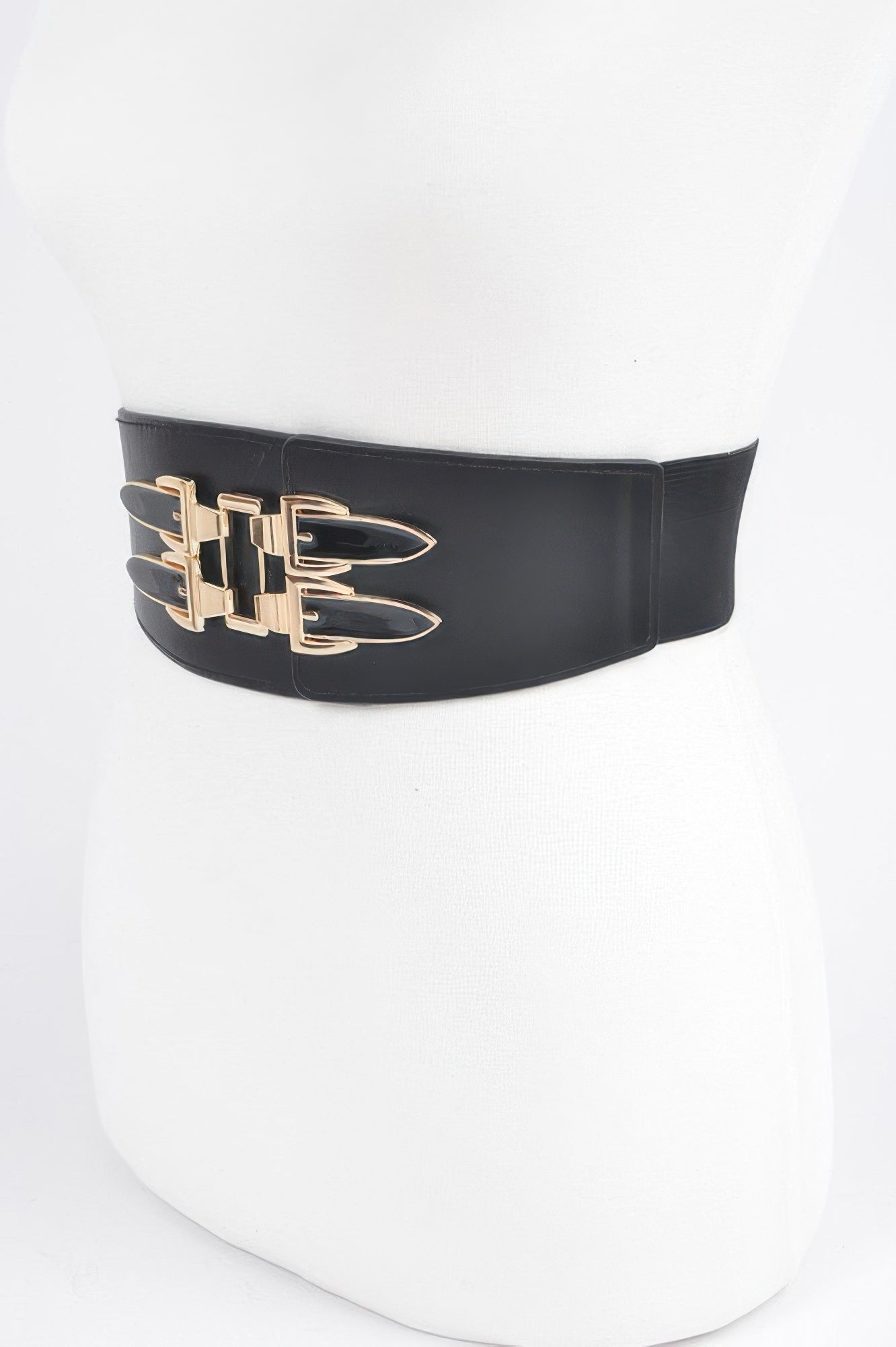 Black elastic belt with gold metal buckle, side view on mannequin