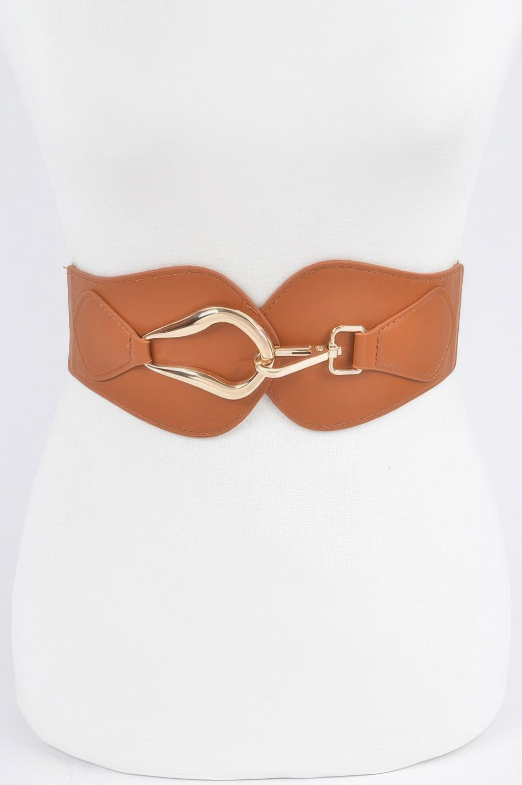 Metal buckle elastic belt in camel with double metal buckle and wide elastic band