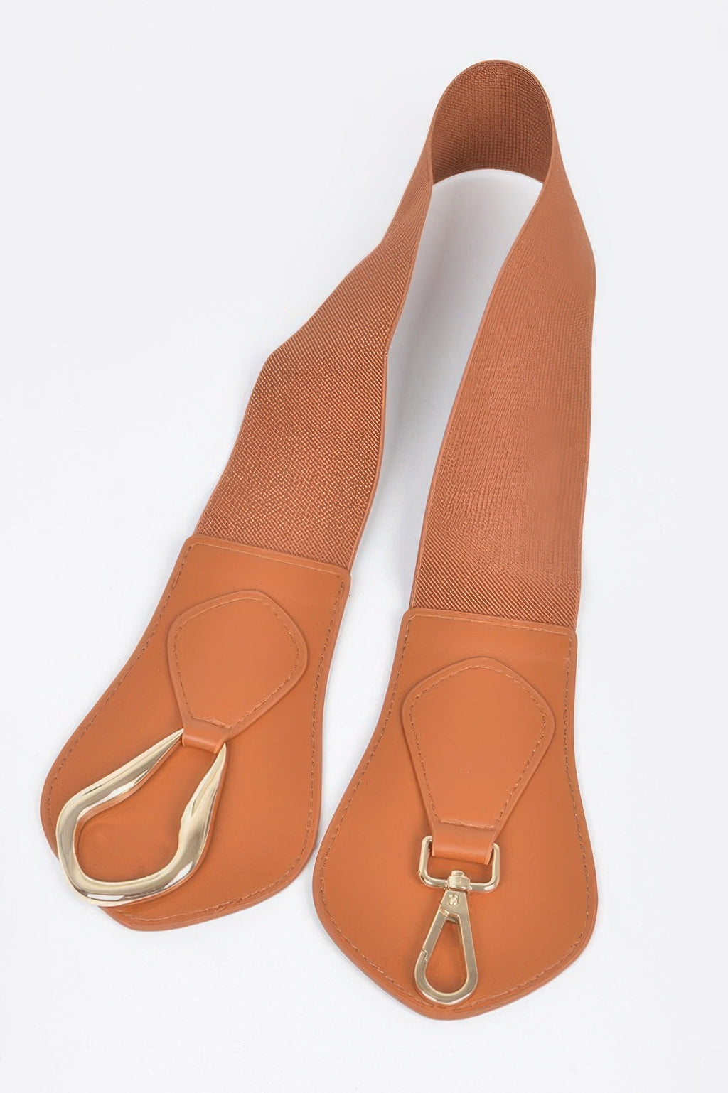 Camel adjustable elastic belt with silver hook clip and metal D-ring