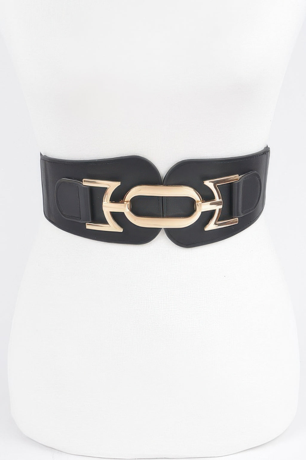Metal buckle elastic belt, black with gold buckle and central oval clasp