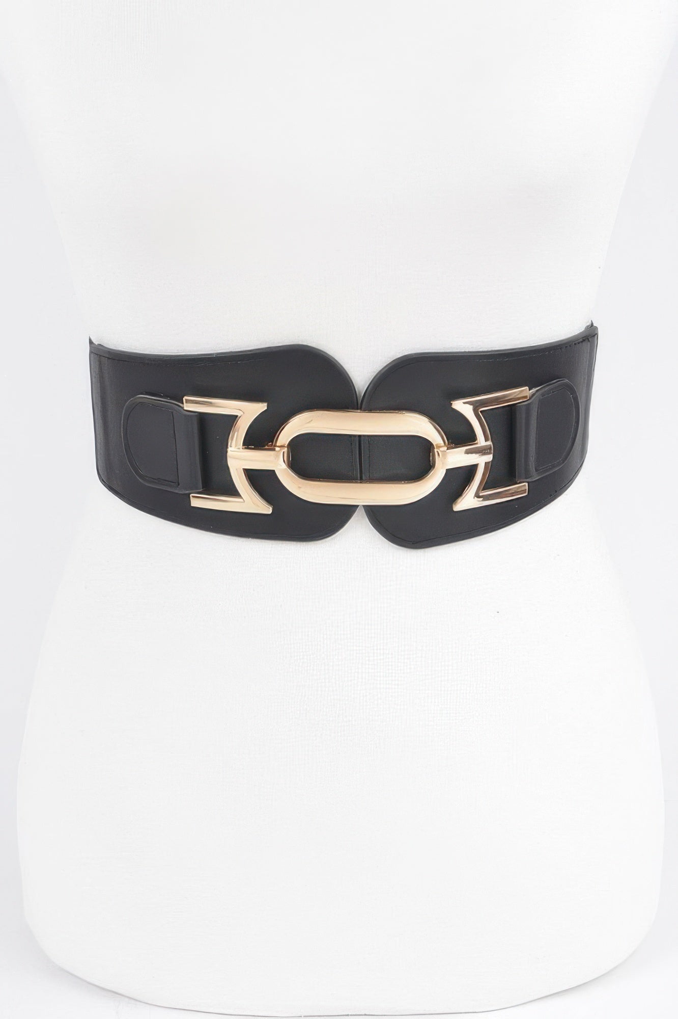 Metal buckle elastic belt, black with gold buckle and central oval clasp