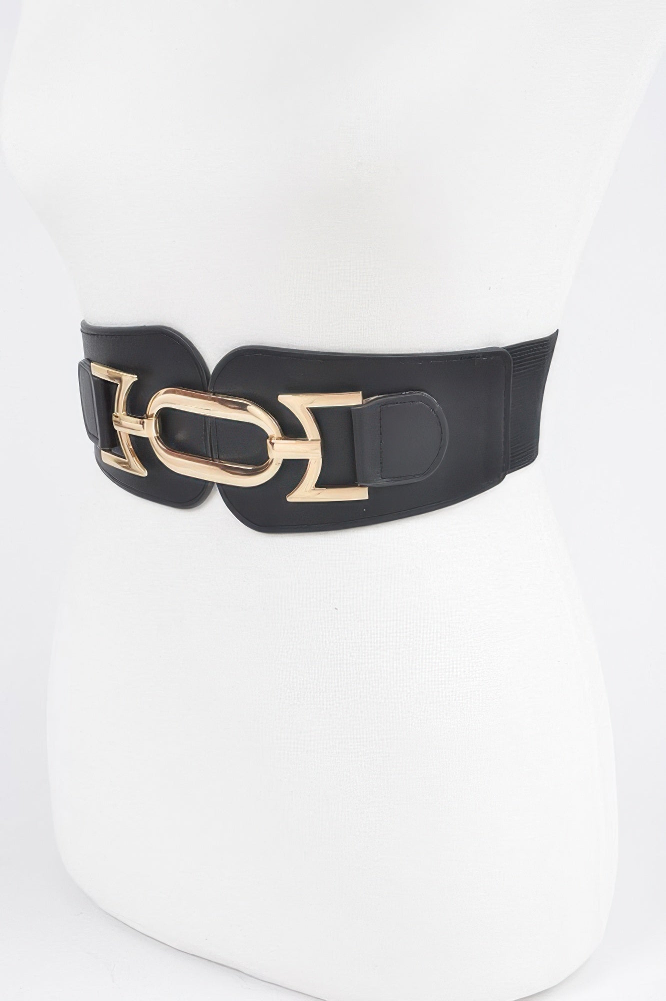 Black elastic belt with gold-tone buckle on side, wide adjustable fit