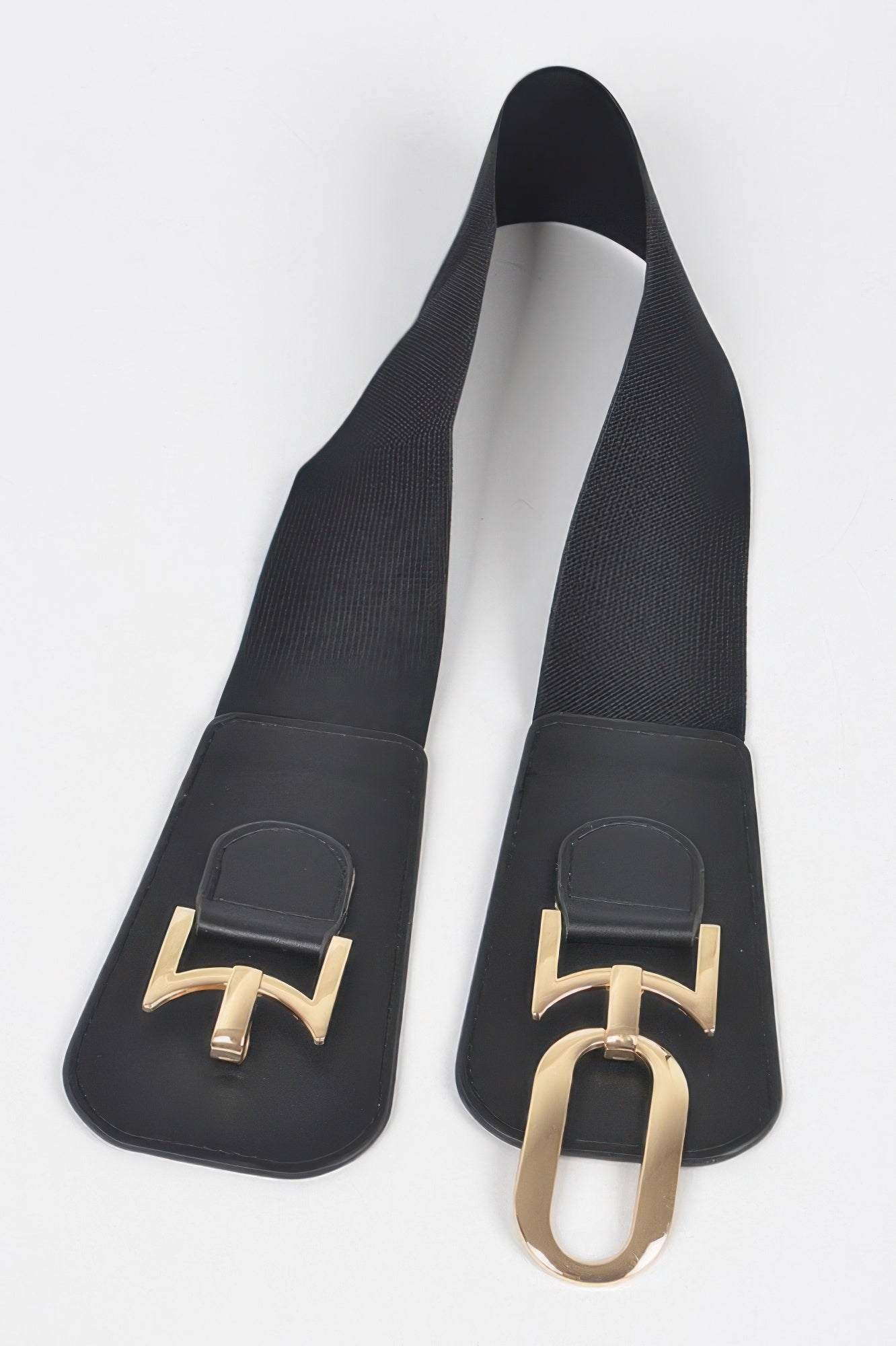 Black wide belt with gold-tone buckle and oval ring clasp, curved strap ends